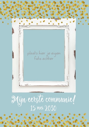 Blauwe communiekaart met gouden confetti