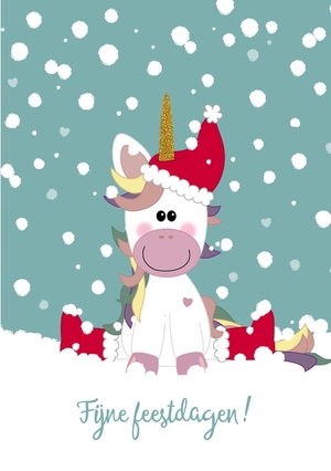 Kerstkaart lieve unicorn in sneeuw