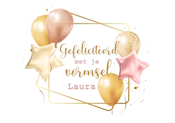 Vormsel felicitatiekaart ballonnen roze goud 