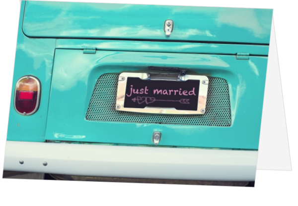 Kaart voor getrouwd stel just married auto