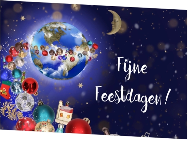 Kerstkaart kerstwereld en maan