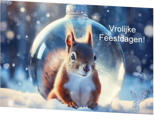 Kerstkaart eekhoorn in kerstbal