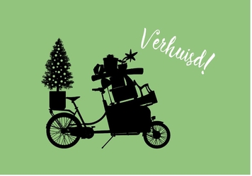 verhuisd met bakfiets en kerstboom groen